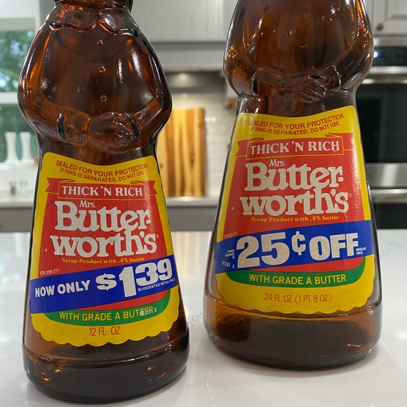 Vintage Estate Set Of 2 Mrs Butterworth’s Amber Brown Glass Bottles 12 & 24 Oz - Picture 4 of 9